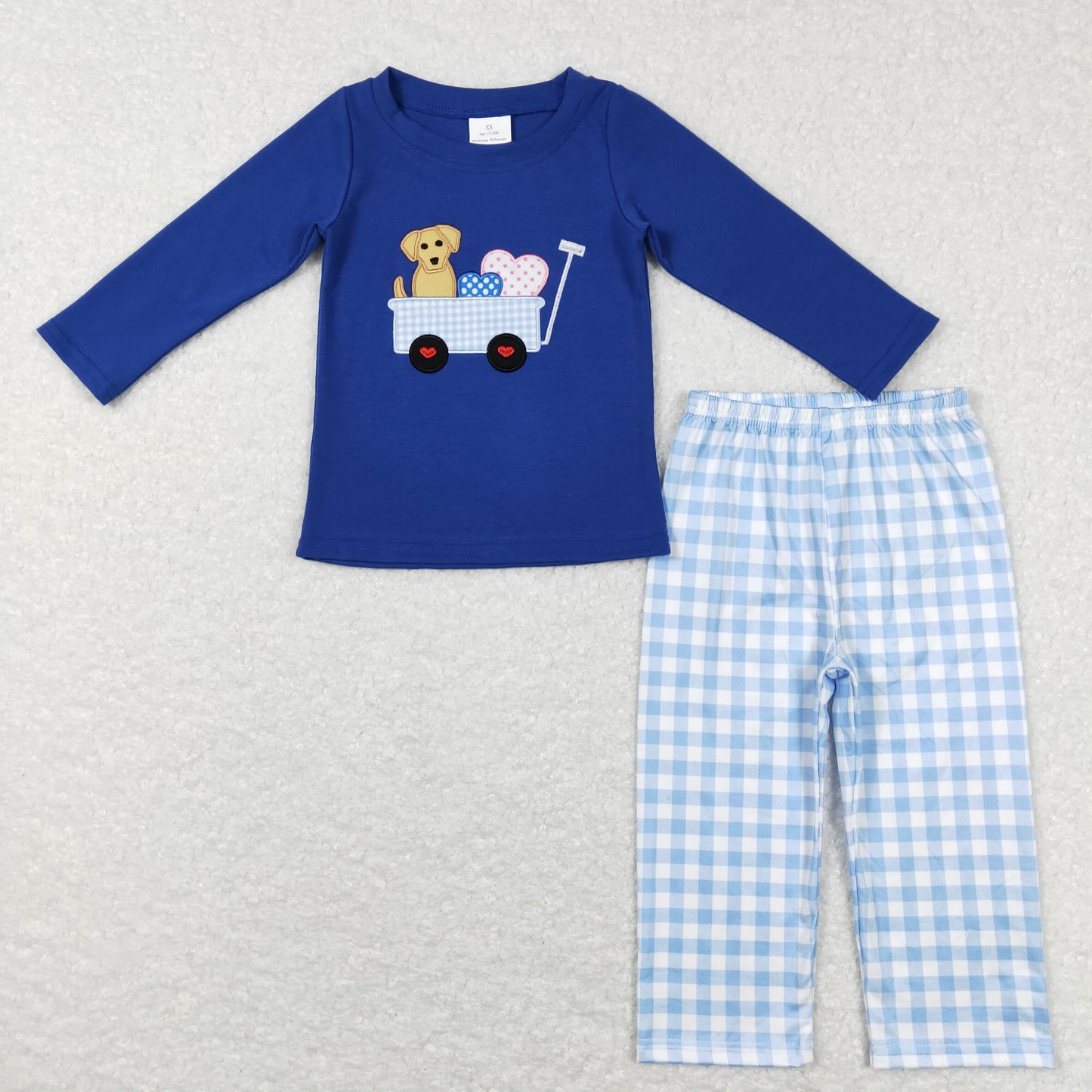 BLP0402 Brilliant Blue long sleeve top pants outfit with puppy Valentines Boy Boutique Outfit RTS 202412