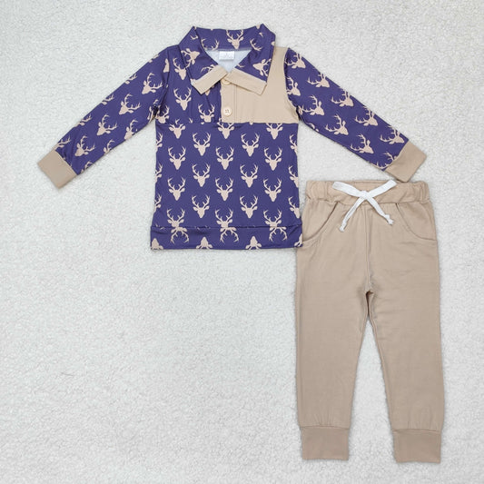 BLP0494 NO MOQ high quality antler navy blue button long sleeve beige pantsuit western clothes