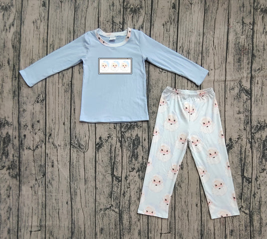 BLP0505 Embroidered Christmas Claus Blue Long Sleeve Pants Pajamas Sets 202509 RTS