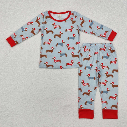 BLP0515 Christmas Bamboo Pajamas Hat Dog Gray Blue Long Sleeve Pants Boys Pajamas Set RTS 202509