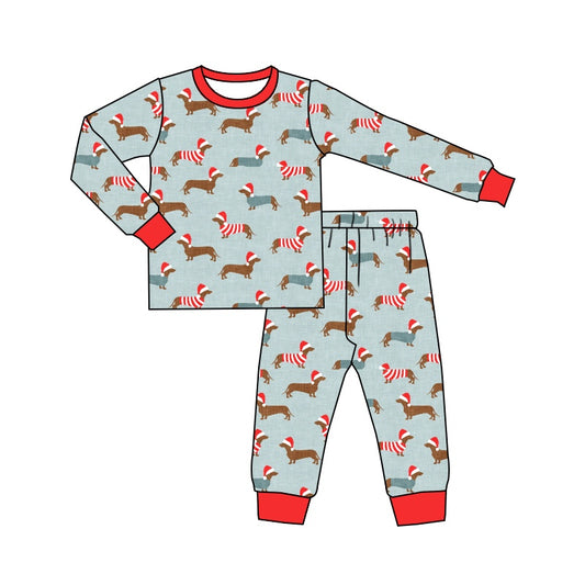 BLP0515 Christmas Bamboo Pajamas Hat Dog Gray Blue Long Sleeve Pants Boys Pajamas Set RTS 202509