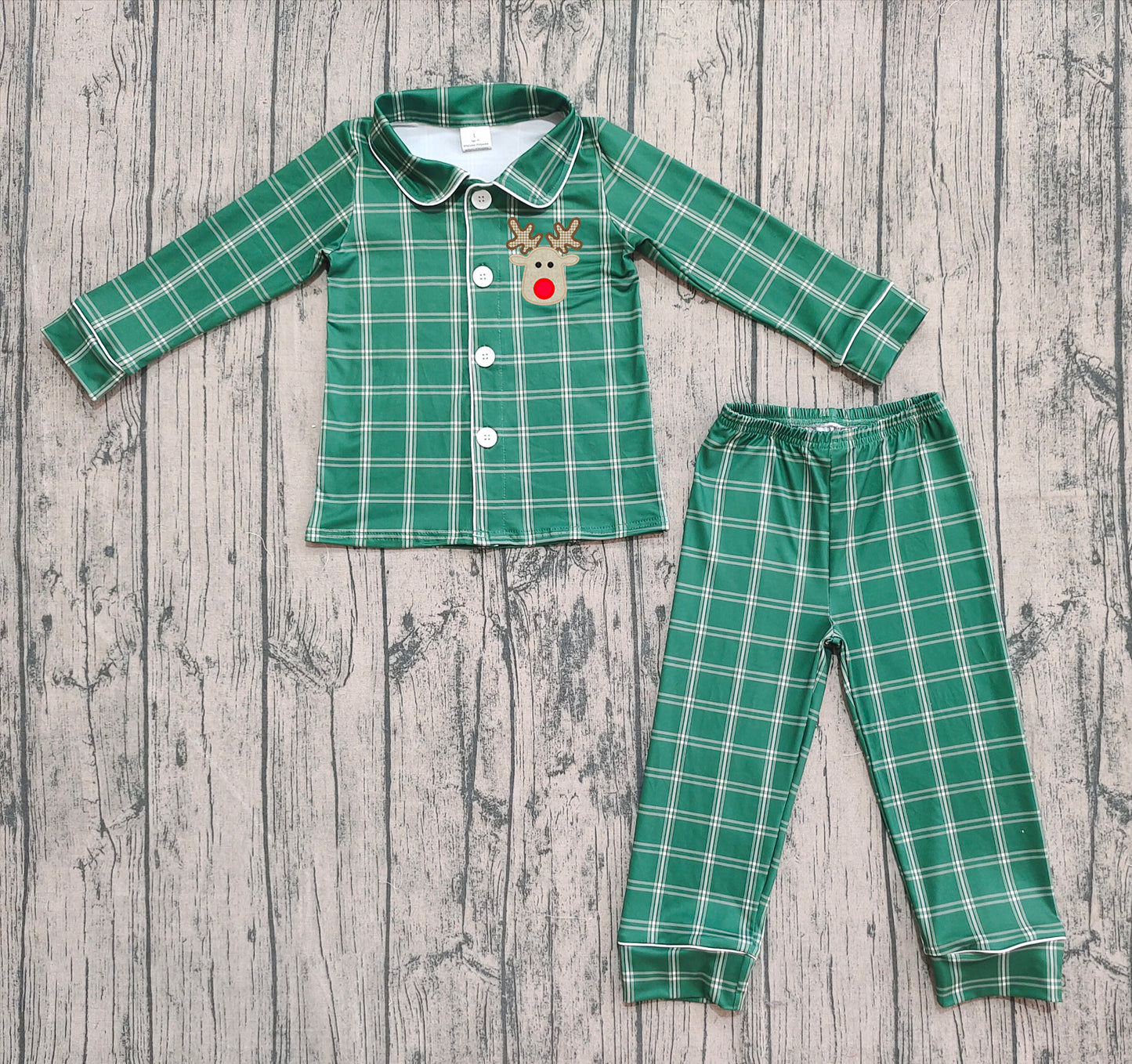 Preorder BLP0545 Embroidered Christmas Deer Green Plaid Button Long Sleeve Pants Pajamas Sets 202508