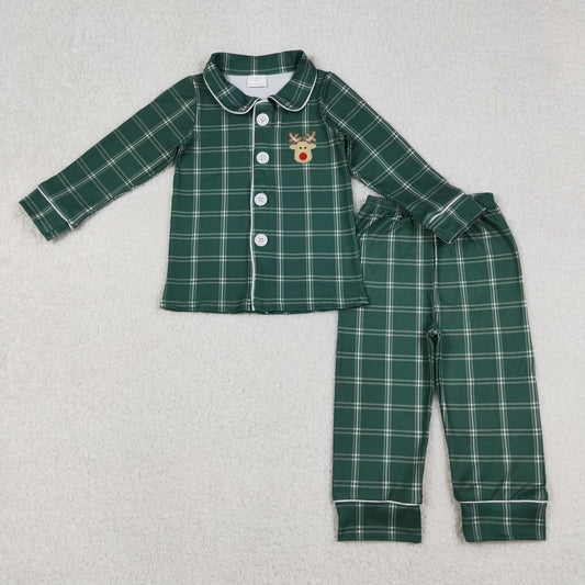 BLP0545 Embroidered Christmas Deer Green Plaid Button Long Sleeve Pants Pajamas Sets 202509 RTS