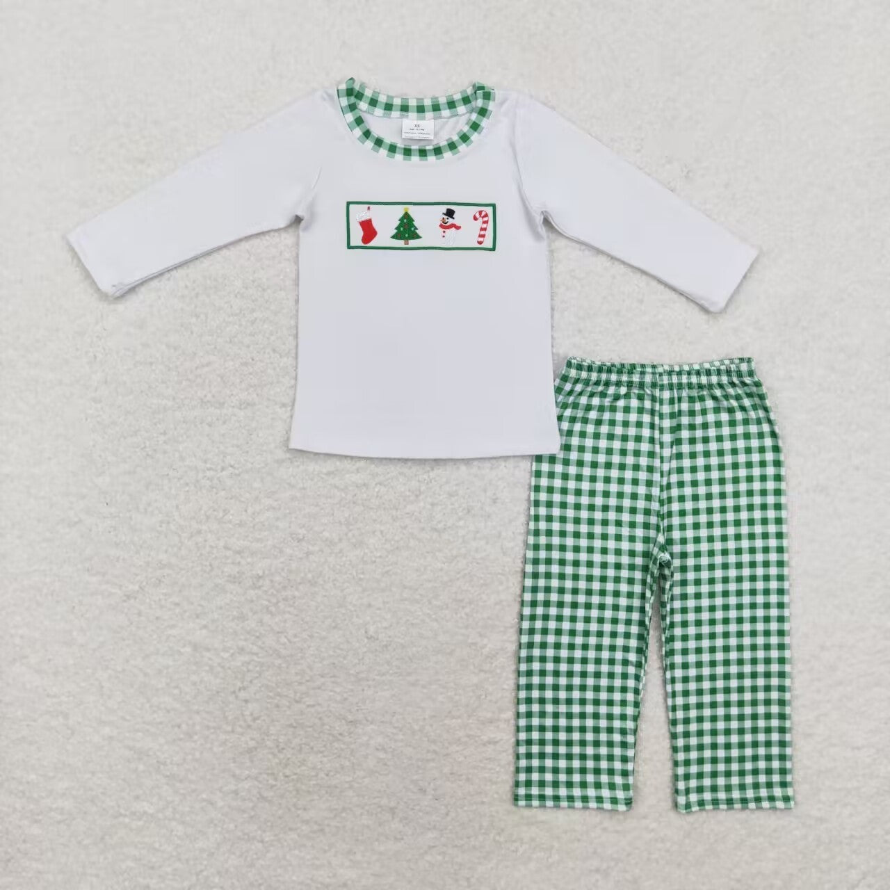 BLP0603 Embroidered Christmas Tree Snowman crutch White long-sleeved green plaid pantsuit