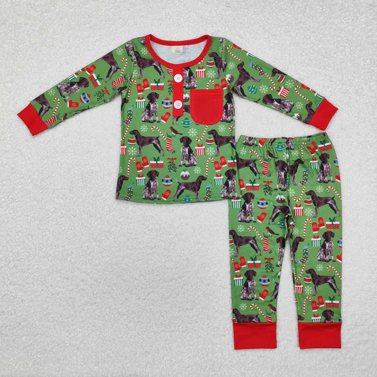 BLP0672 Christmas Bamboo Pajamas Tree Gift Puppy Red Pocket Green Long Sleeve Pants Boys Pajamas Set RTS 202509