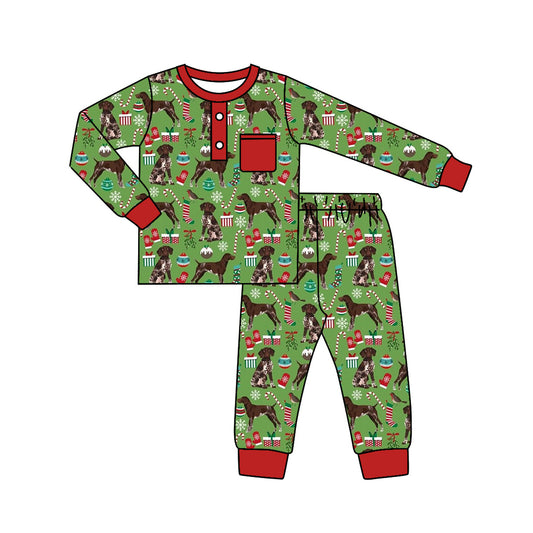 BLP0672 Christmas Bamboo Pajamas Tree Gift Puppy Red Pocket Green Long Sleeve Pants Boys Pajamas Set RTS 202509