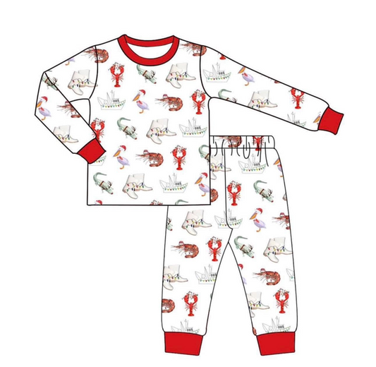 BLP0674 NO MOQ ship Crawfish Crocodile red and white long sleeve pants bamboo pajamas set