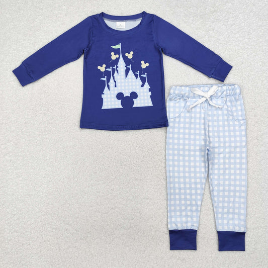 BLP0753 Mickey Castle Navy Blue Long Sleeve Plaid Pants Boys Sets RTS 202509