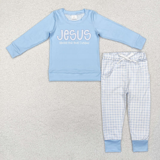 BLP0767 Jesus Light Blue Long Sleeve Plaid Pants Boys Sets RTS 202509