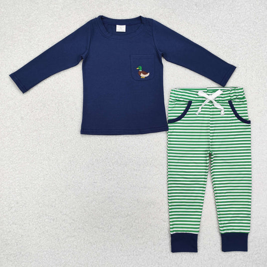 BLP0795 Embroidered Duck Pocket Navy Long Sleeve Top Green Stripe Pants Boys Sets RTS 202509