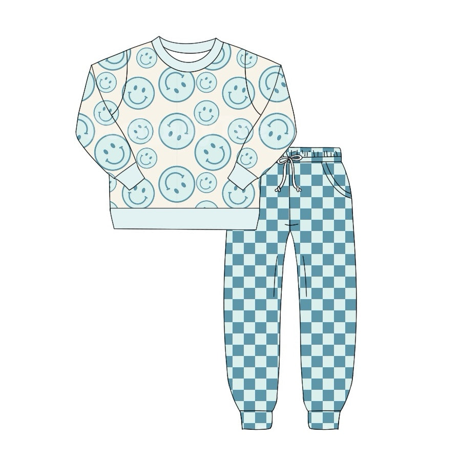 BLP0798 Smiley Beige Blue Long Sleeve Plaid Pants Boys Sets RTS 202509