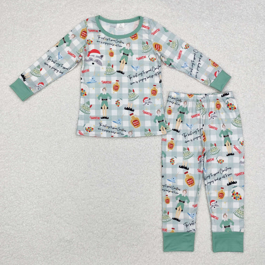 BLP0804 Modal Christmas Elf green plaid long-sleeved pant pajama set