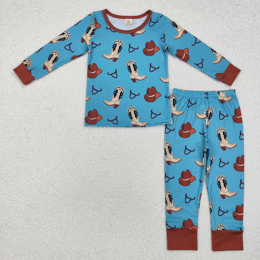 BLP0872 Bamboo Pajamas Boots Cowboy Hat Blue Brown Long Sleeve Pants Boys Set New Arrival