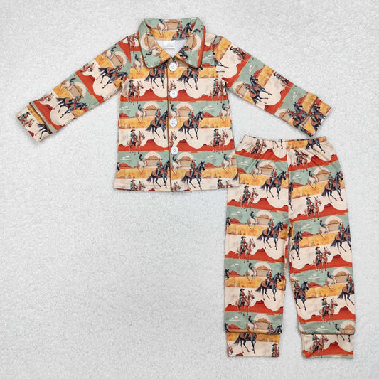 BLP0902 Horseback Riding Desert Cowboy Polo Button Long Sleeve Pants Boys Pajamas Set RTS 202509
