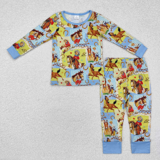 BLP0915 Bamboo Pajamas Riding Cowboy Yellow Blue Long Sleeve Pants Boys Set RTS 202509
