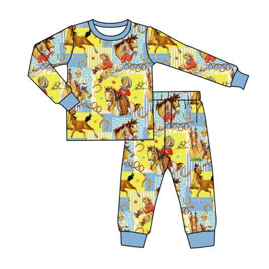 BLP0915 Bamboo Pajamas Riding Cowboy Yellow Blue Long Sleeve Pants Boys Set RTS 202509