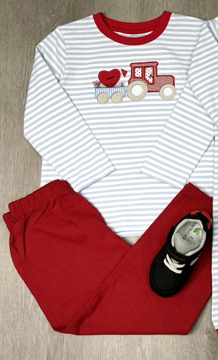 BLP0932 Valentines Day Boy clothes Embroidery Love tractor striped long sleeve red pantsuit High quality
