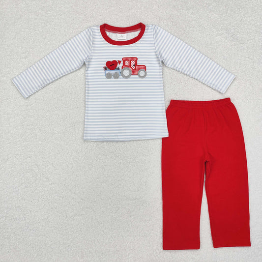 BLP0932 Valentines Day Boy clothes Embroidery Love tractor striped long sleeve red pantsuit High quality