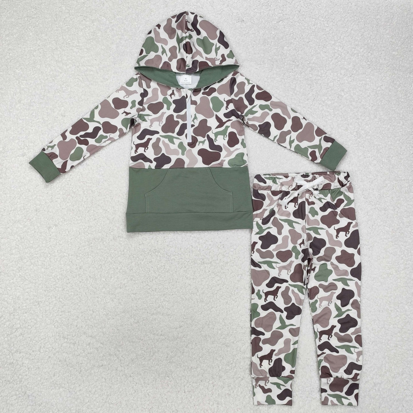 BLP0935 BOYS outfits RTS Duck Puppy camouflage zipper pocket beige green hooded long sleeve pant suit