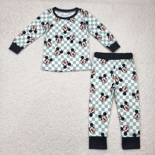 BLP0937 Mickey green plaid long-sleeved pant pajama set 202504 RTS