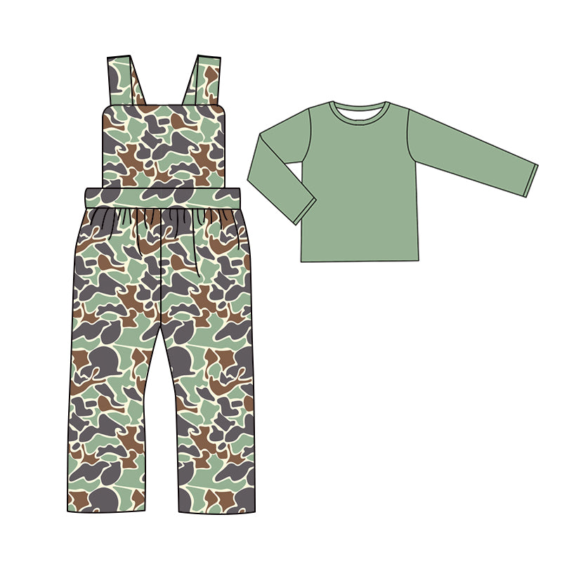 BLP0975 Solid Green Long Sleeve Top + Camouflage Back Strap Boys Overalls Jumpsuits Set RTS 202509