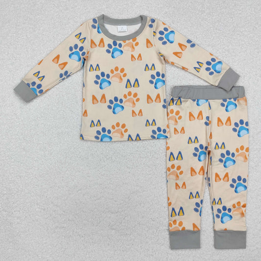 BLP0976 Cartoon Bluey Paw Print Yellow Gray Long Sleeved Pants Boys Pajama Set RTS 202510