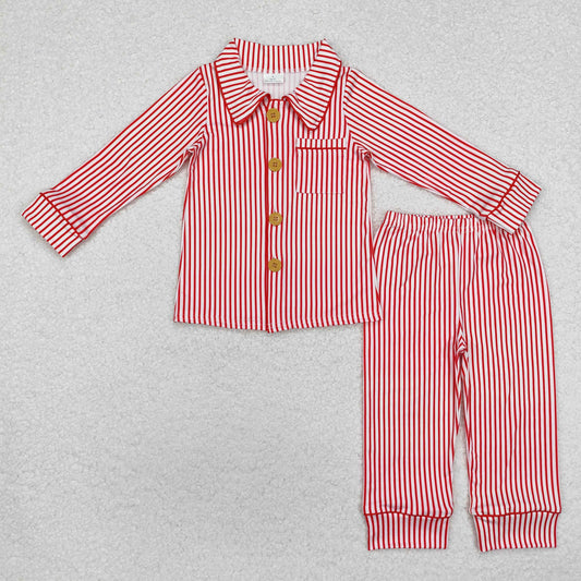 BLP0980 Christmas Red Striped Polo Button Long Sleeve Pants Boys Pajamas Sets RTS 202510