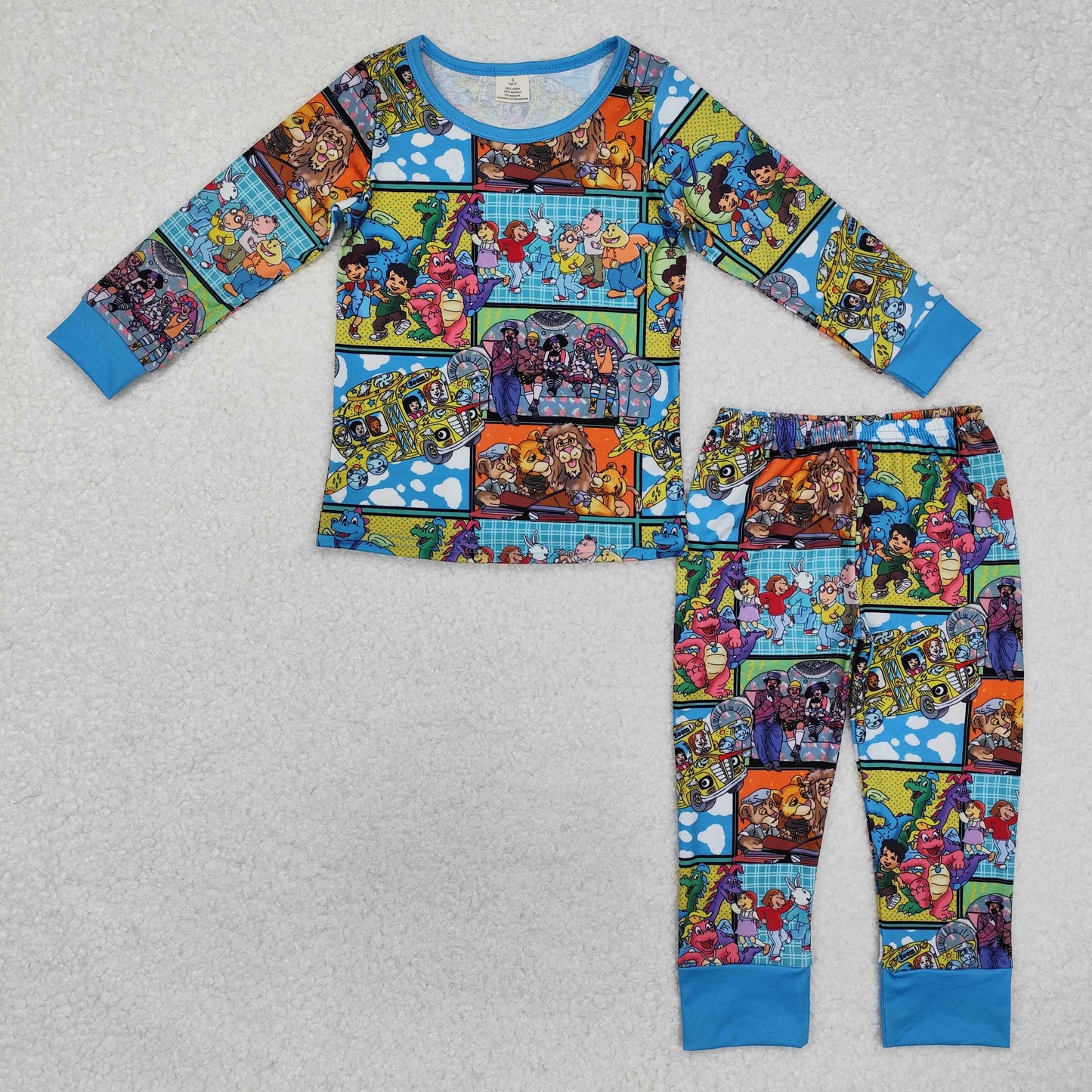 BLP1009 Cartoon Lion Dinosaur Blue Long Sleeve Pants Boys Bamboo Pajama Sets RTS 20241129