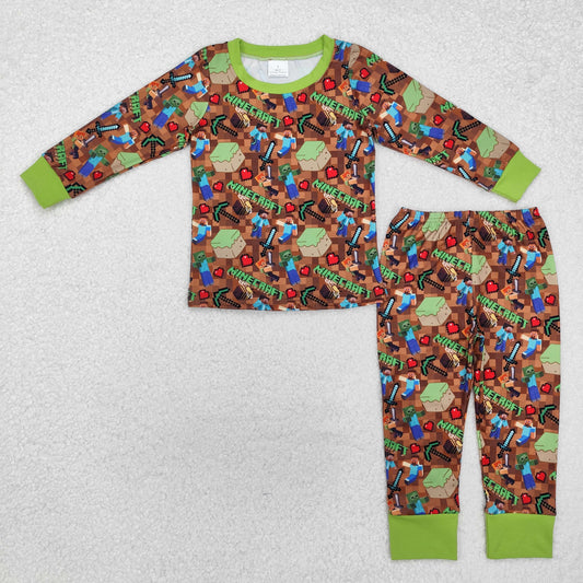 BLP1024 Minecraft Game Brown Green Long Sleeve Pants Boys Pajama Set RTS 202509