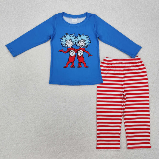 BLP1027 Dark Blue Cartoon Pattern long sleeve top Red Striped pants set Boys boutique outfit 202501