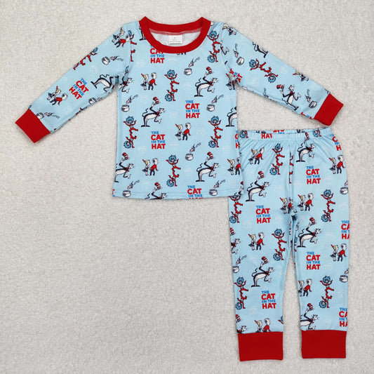 BLP1028 Blue long sleeve top pants outfit with Cartoon Pattern Boy Boutique Pajamas RTS 202412
