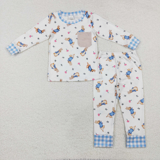 BLP1046 Boys boutique sets rabbit blue check with pocket top pants outfit 202412RTS