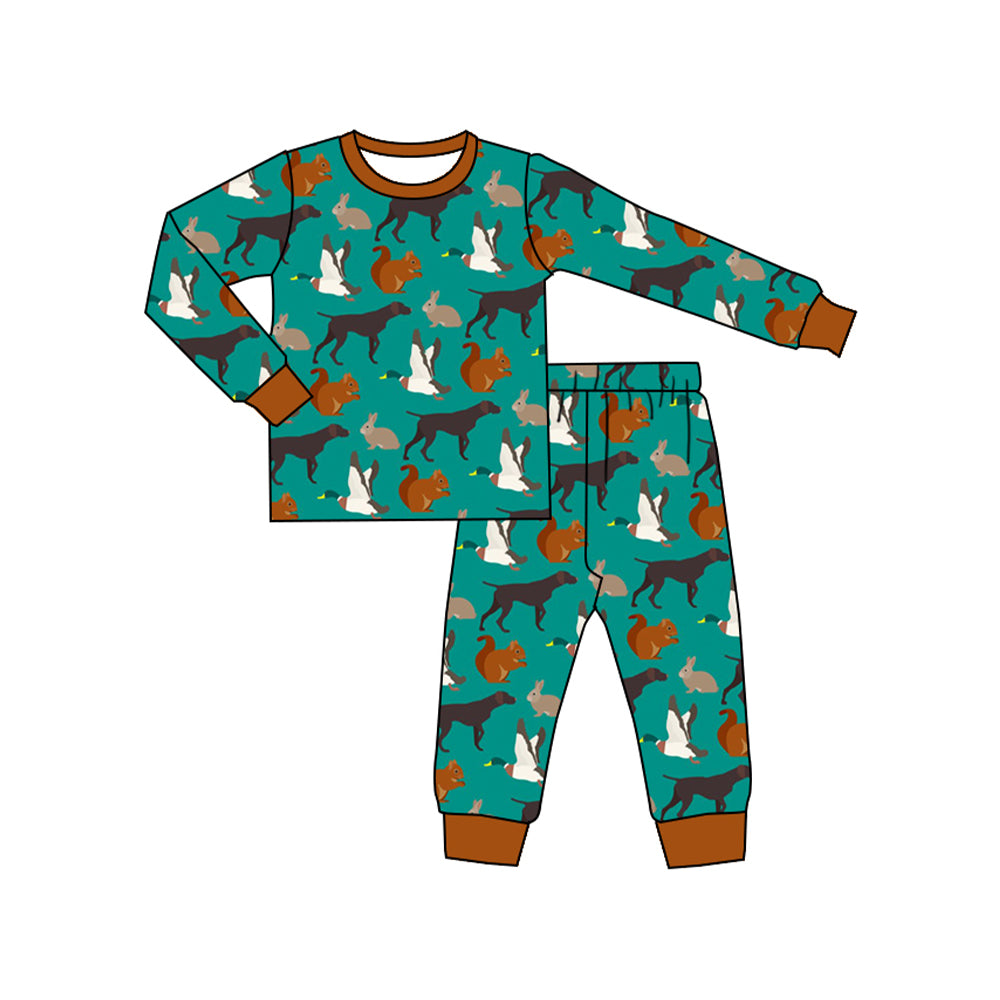 preorder BLP1069 Duck Squirrel Dog Animal Brown Green Long Sleeve Long Pants Pajama Set Boys Boutique clothes 202505