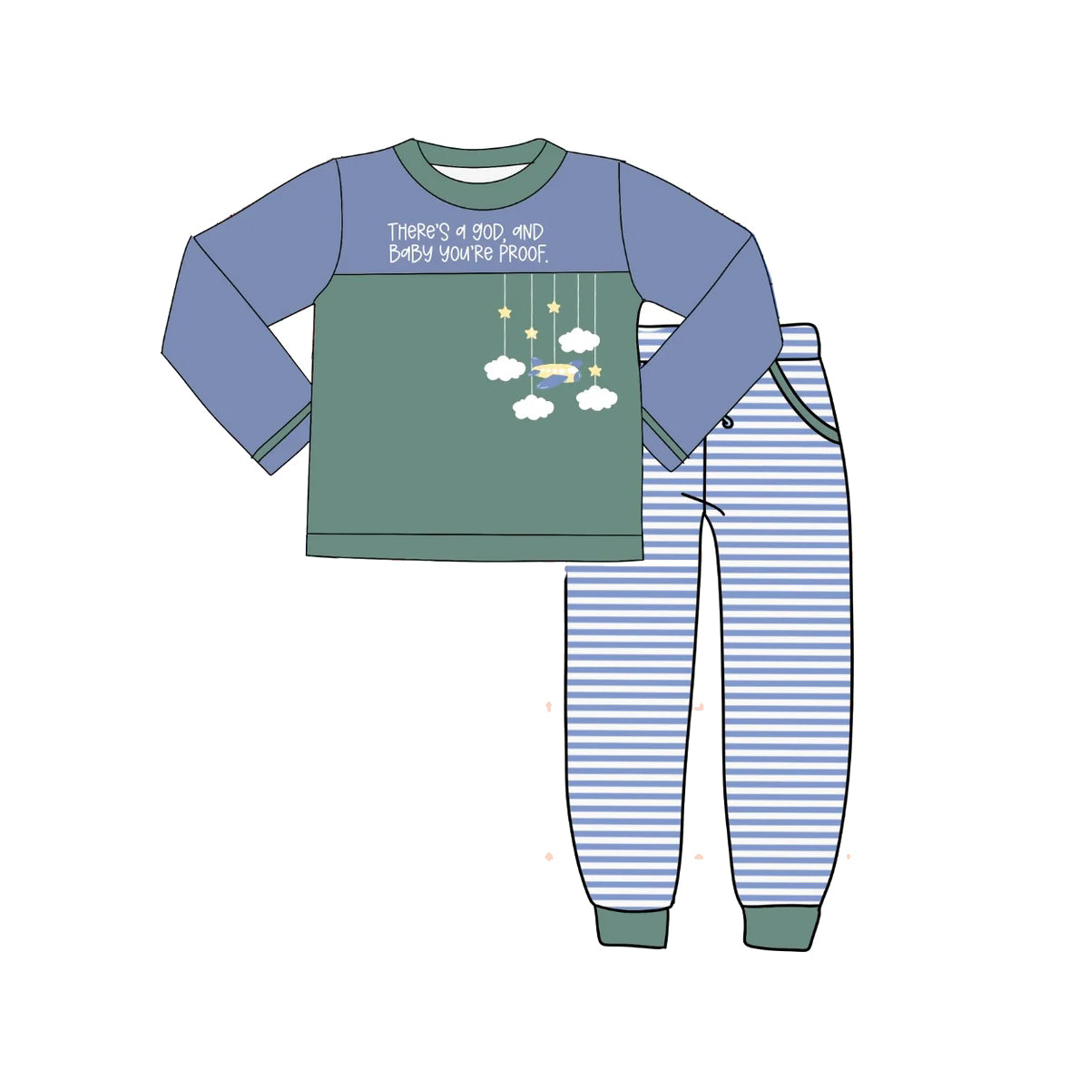 preorder BLP1072 God Baby Proof Letters Airplane Clouds Blue Green Long Sleeve Pants Pajama Set Boys Boutique clothes 202505