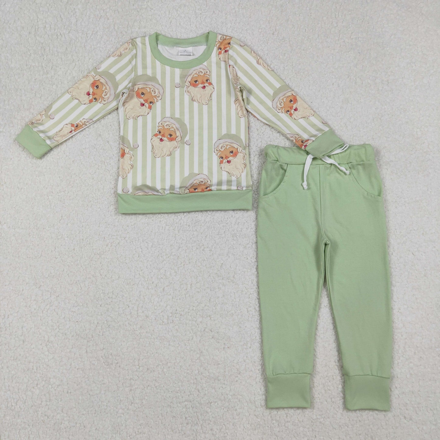 BLP1074 Christmas Santa Claus Pea Green Striped Long Sleeve Pants Boys Sets 202510 RTS