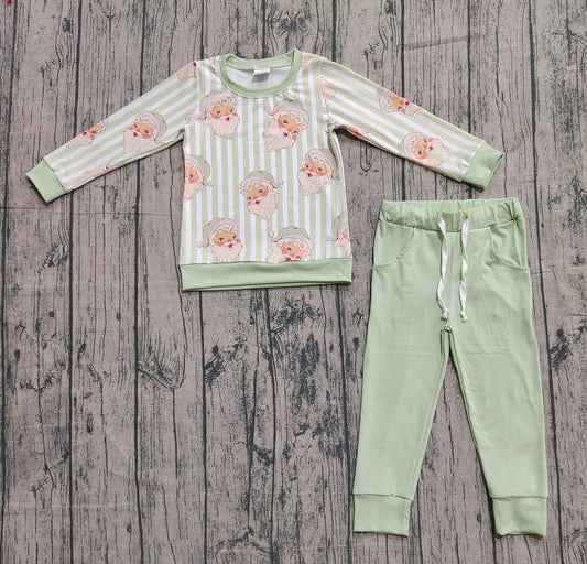 BLP1074 Christmas Santa Claus Pea Green Striped Long Sleeve Pants Boys Sets 202510 RTS