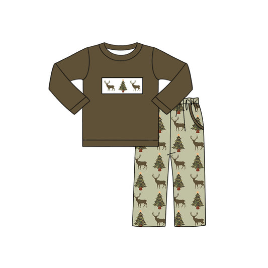 preorder BLP1075 Elk Christmas Tree Green Long Sleeve Pants Set Boys Boutique clothes 202505