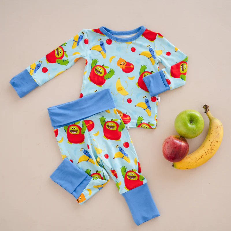 preorder BLP1076 Boys Boutique Cartoon Apple Banana Blue Long Sleeve Pants Pajama Set 202505
