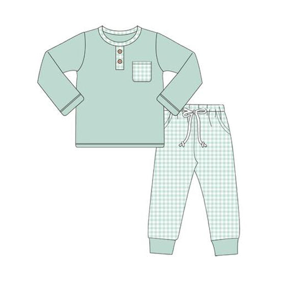 preorder BLP1077 Boys Boutique Pea Green Pocket Long Sleeve Plaid Pants Set 202505