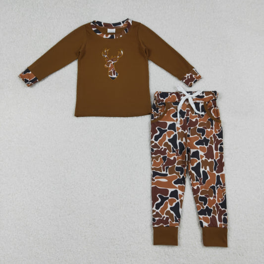 BLP1078 Boys Boutique Embroidered Deer Hunting Camo Brown Long Sleeve Top Pants Set 202509 RTS
