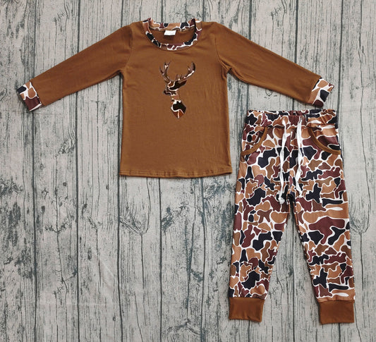 BLP1078 Boys Boutique Embroidered Deer Hunting Camo Brown Long Sleeve Top Pants Set 202509 RTS