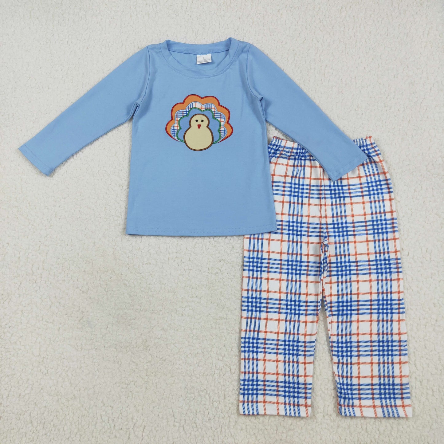 BLP1079 Boys Boutique Embroidered Turkey Blue Long Sleeve Plaid Pants Set 202507 RTS