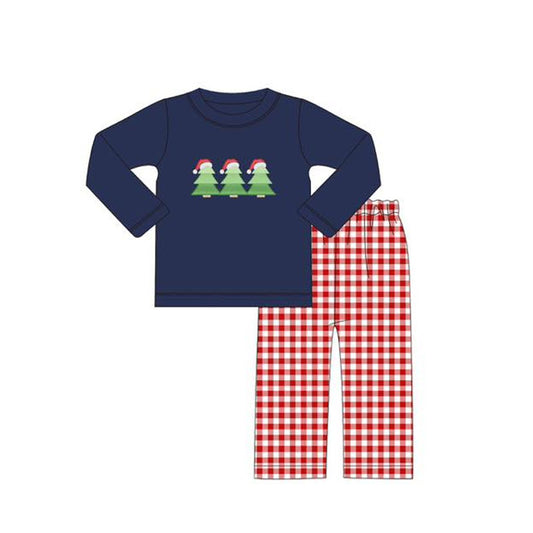 preorder BLP1083 Boys Boutique Christmas Tree Hat Navy Blue Long Sleeve Red Plaid Pants Set 202505