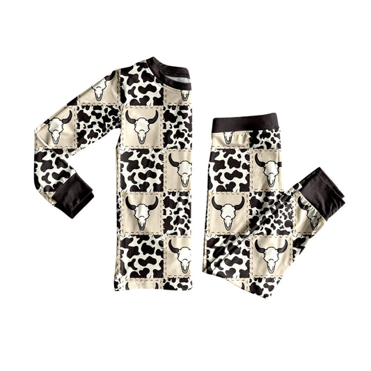 preorder BLP1084 Boys Boutique Alpine Bull Head Cow Pattern Plaid Long Sleeve Pants Pajamas Set 202505