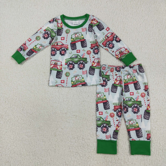 BLP1087 Boys Boutique Christmas Trucks Green Long Sleeve Pants Pajamas Set 202508 RTS