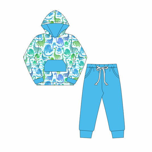 preorder BLP1092 Boys Boutique Dinosaur Pattern Shining Blue Hooded Long Sleeve Pants Set 202506