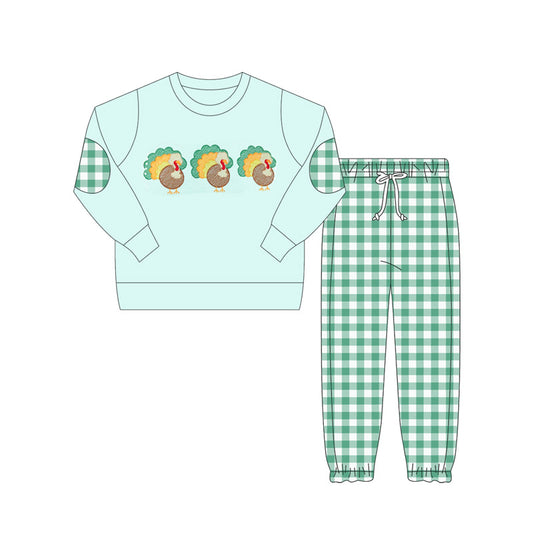 preorder BLP1095 Boys Boutique Turkey Pumpkin Green Long Sleeve Plaid Pants Set 202506