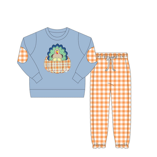preorder BLP1096 Boys Boutique Turkey Pumpkin Dark Blue Long Sleeve Orange Plaid Pants Set 202506