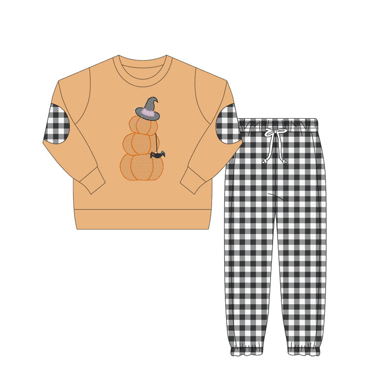 preorder BLP1097 Boys Boutique Witch Hat Spider Pumpkin Orange Long Sleeve Black Plaid Pants Set 202506