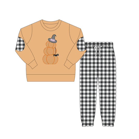 preorder BLP1097 Boys Boutique Witch Hat Spider Pumpkin Orange Long Sleeve Black Plaid Pants Set 202506